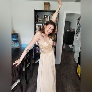 BUNDLE & SAVE! Strapless champagne gown with beaded details & corset back